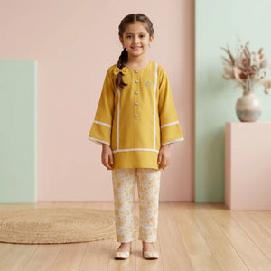 Girls' Mustard Kurta & Printed Trousers Set