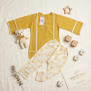 Girls' Mustard Kurta & Printed Trousers Set