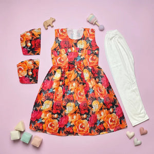 Girls' Autumn Floral Print Premium Sleeveless Frock and Trousers Co-Ord Set