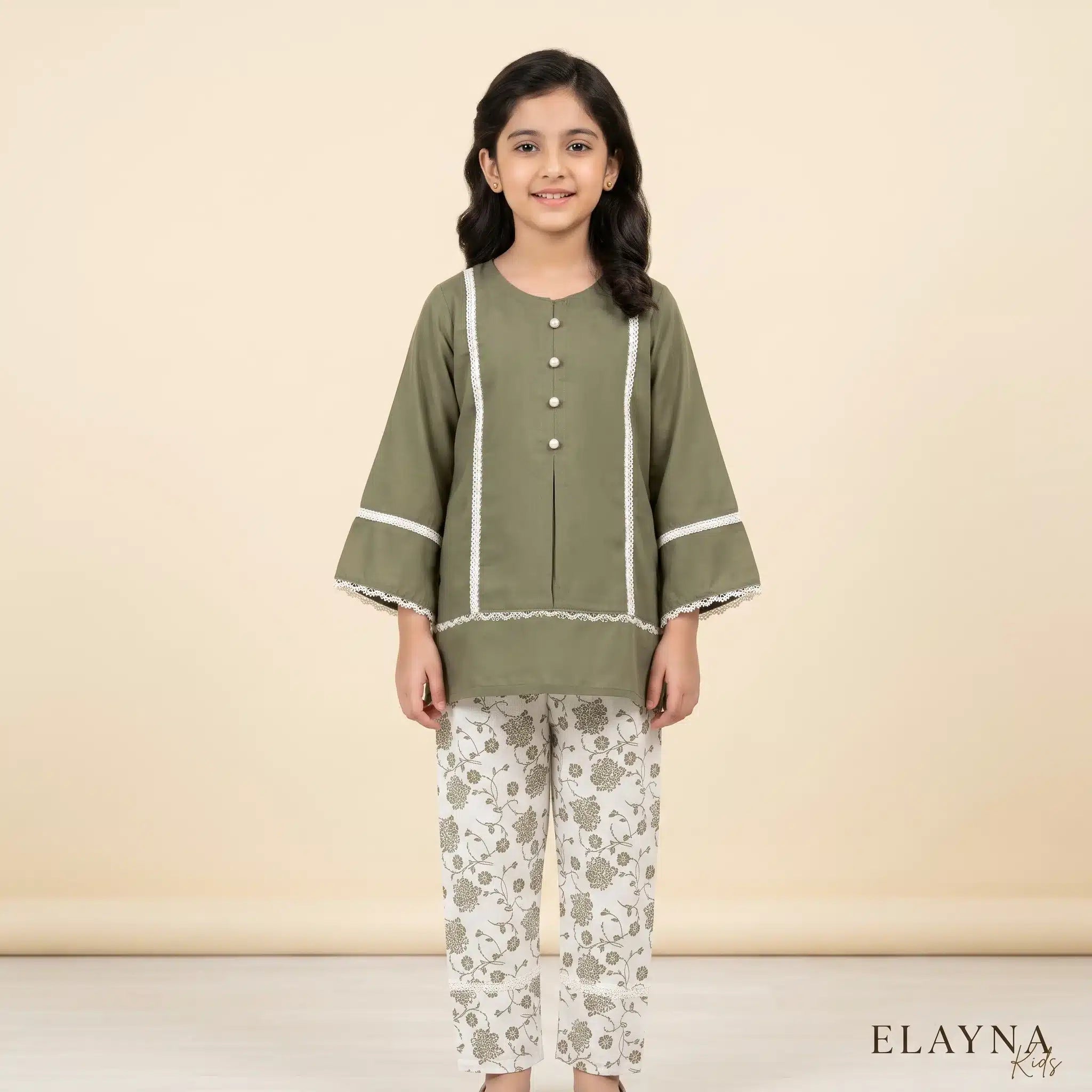 Girls' Mustard Kurta & Printed Trousers Set