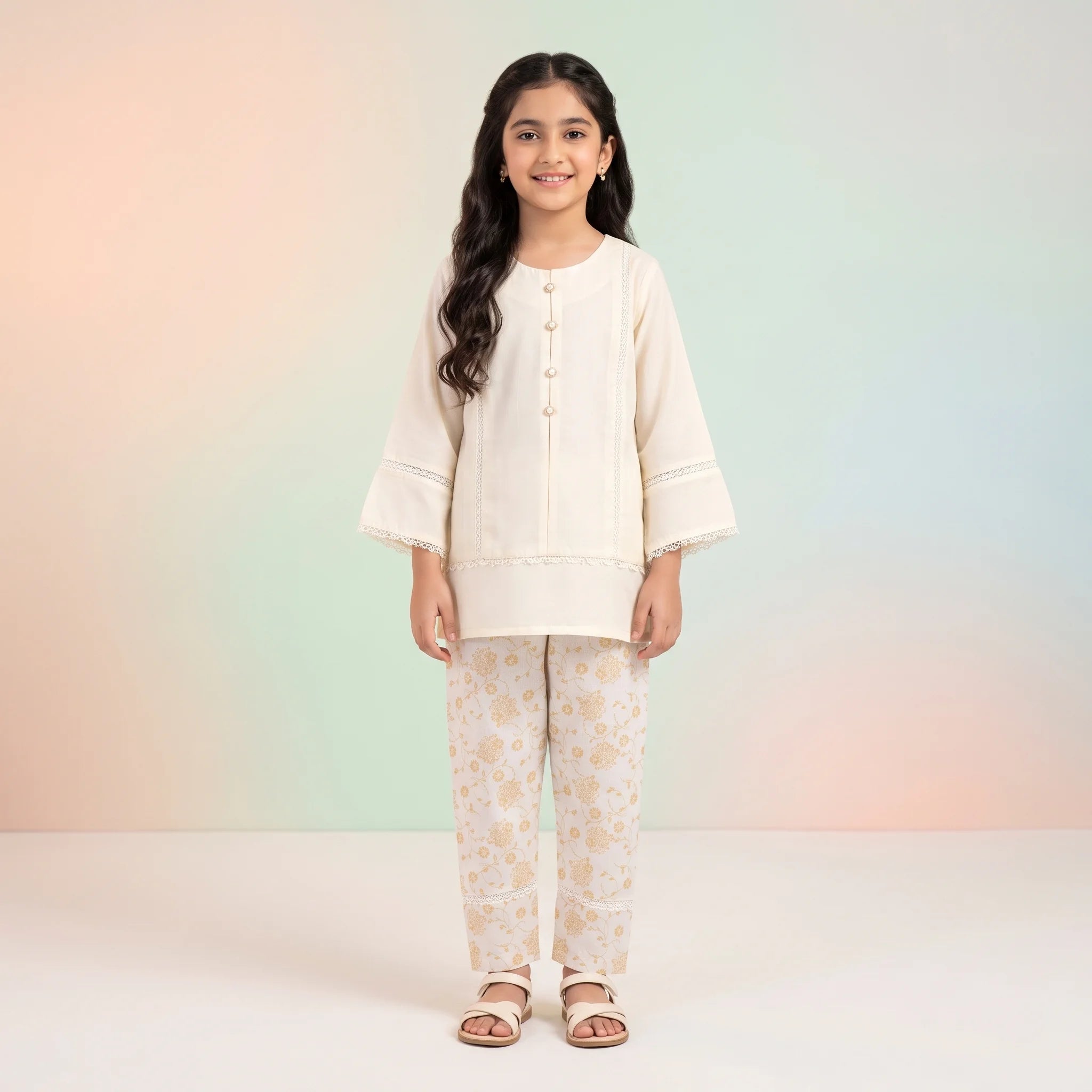 Girls' Mustard Kurta & Printed Trousers Set