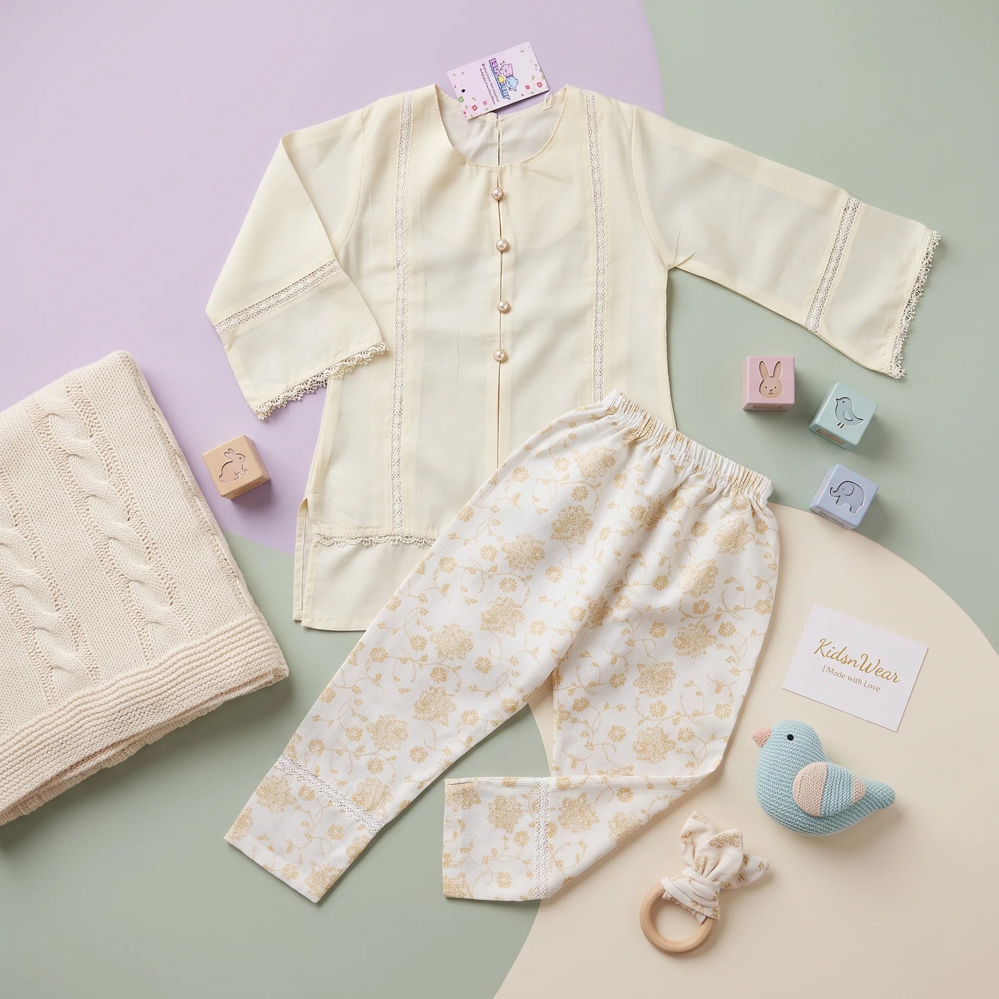 Girls' Mustard Kurta & Printed Trousers Set