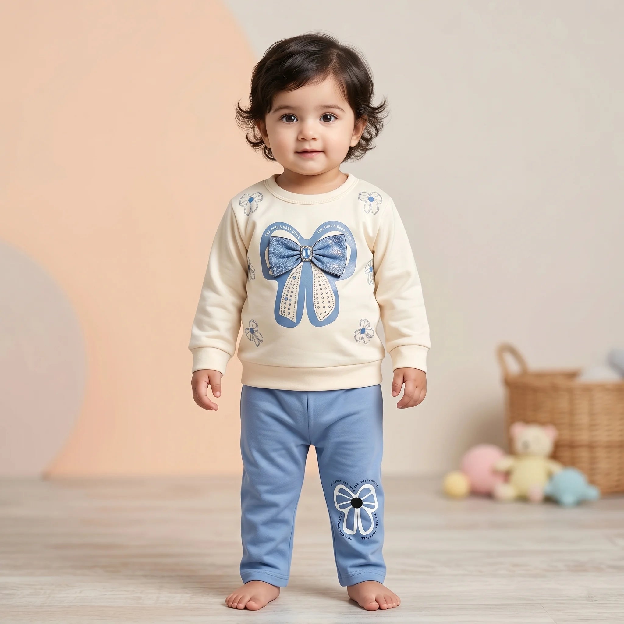 Girls' Bow Print Sweatshirt & Trouser Set
