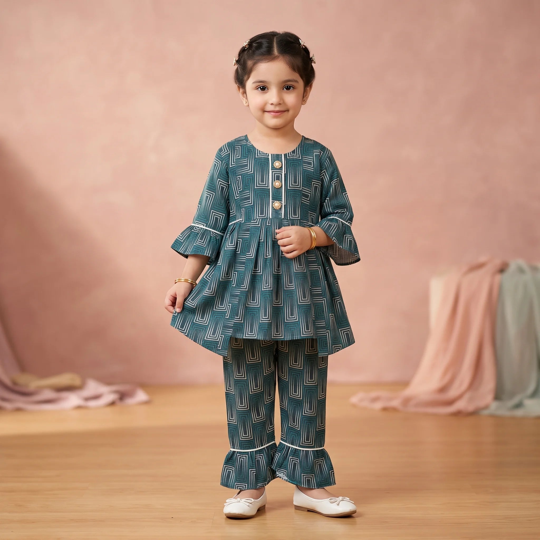 Girls' Geometric Peplum Kurta & Gharara Set