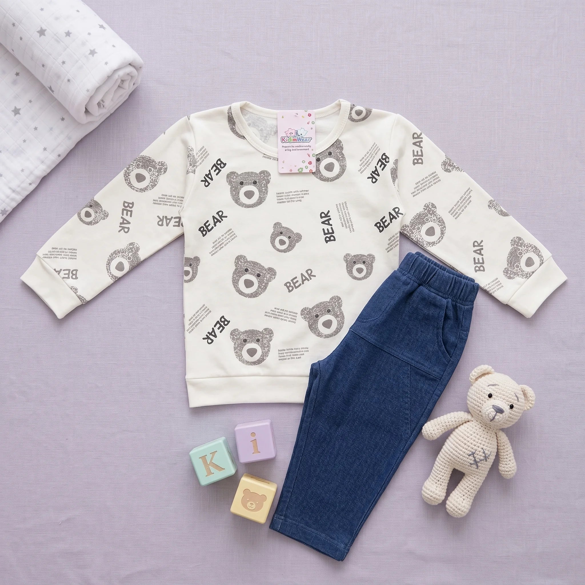 Girls' Bear Sweatshirt & Ribbed Jogger Set