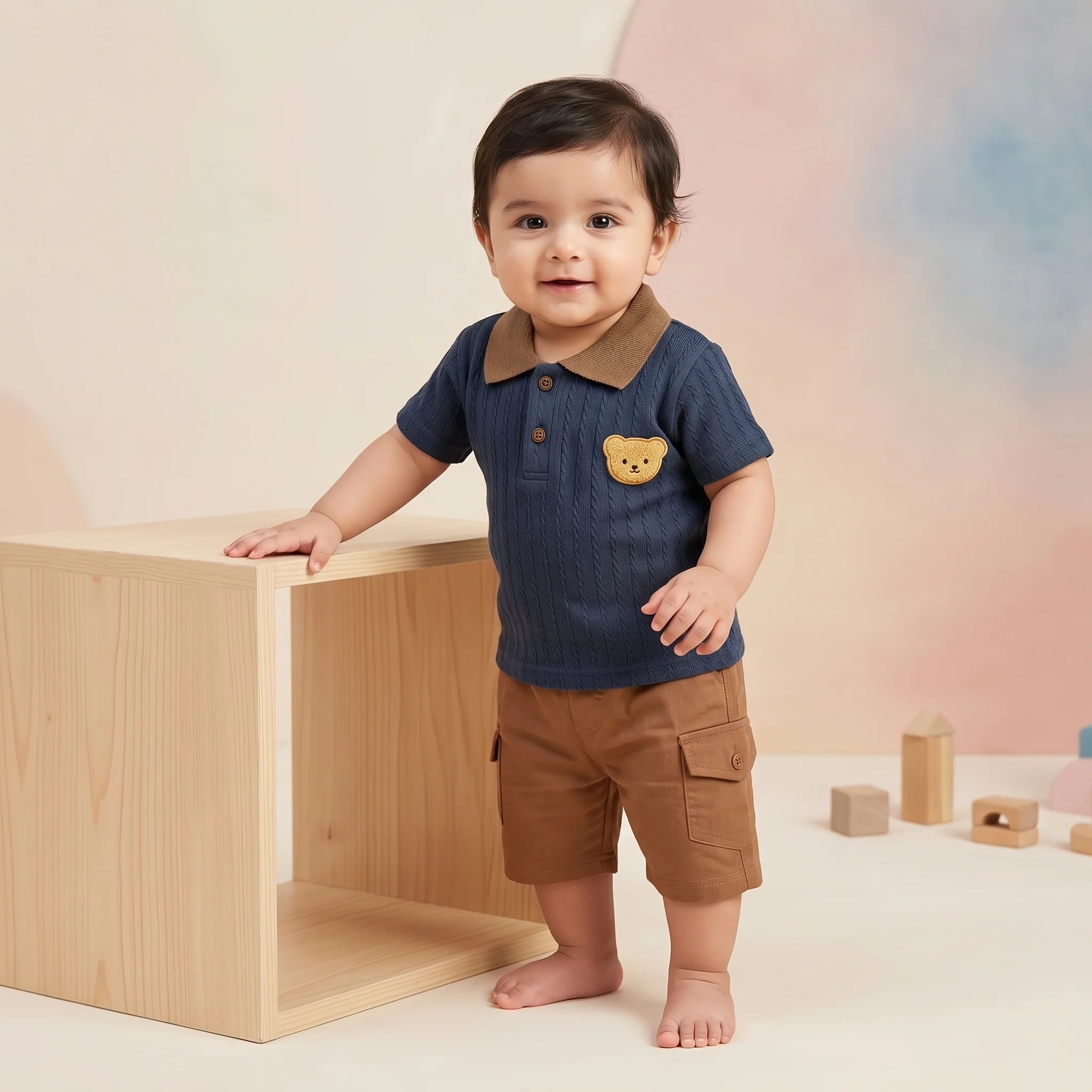 Boys' Bear Patch Polo & Cargo Shorts Set