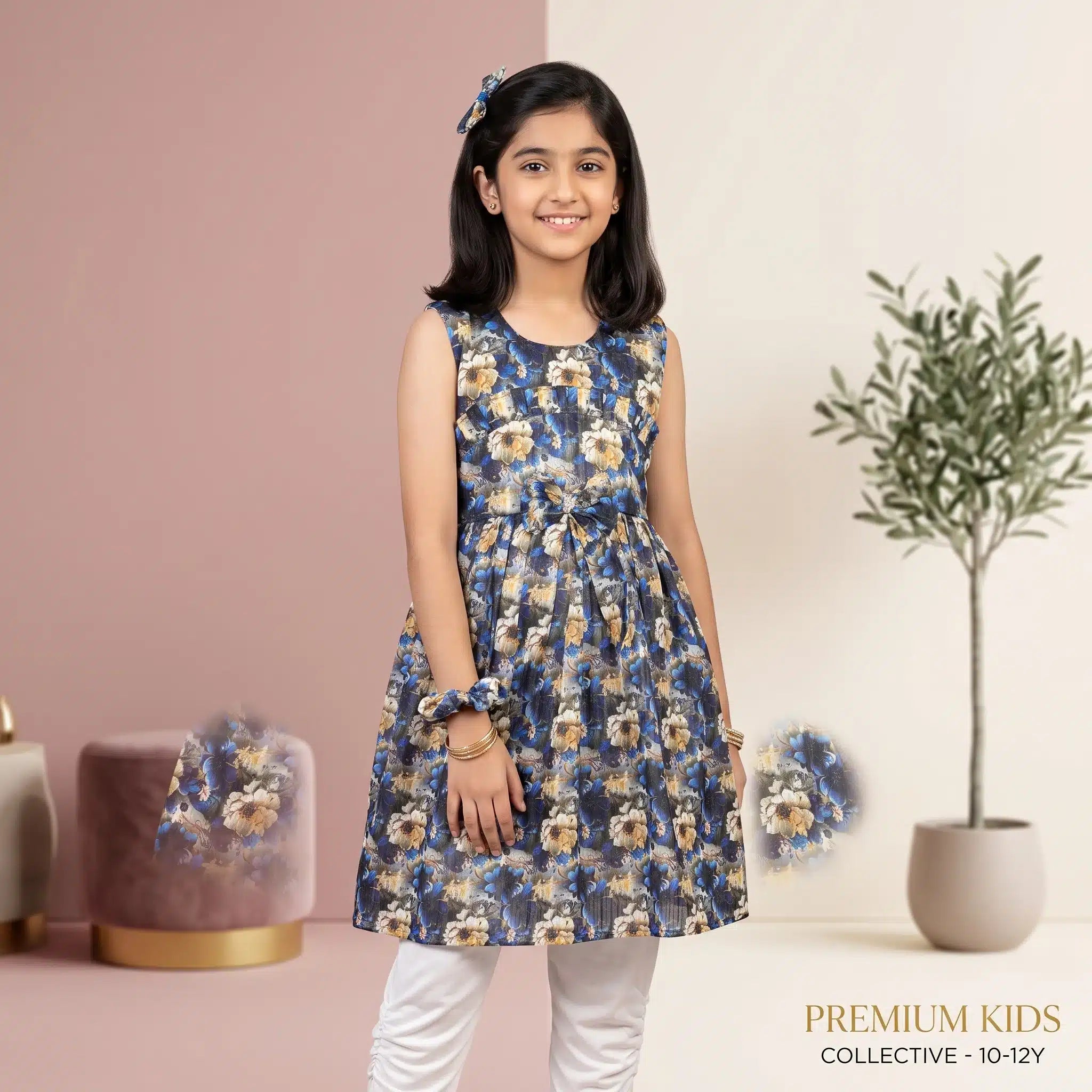 Girls' Autumn Floral Print Premium Sleeveless Frock and Trousers Co-Ord Set