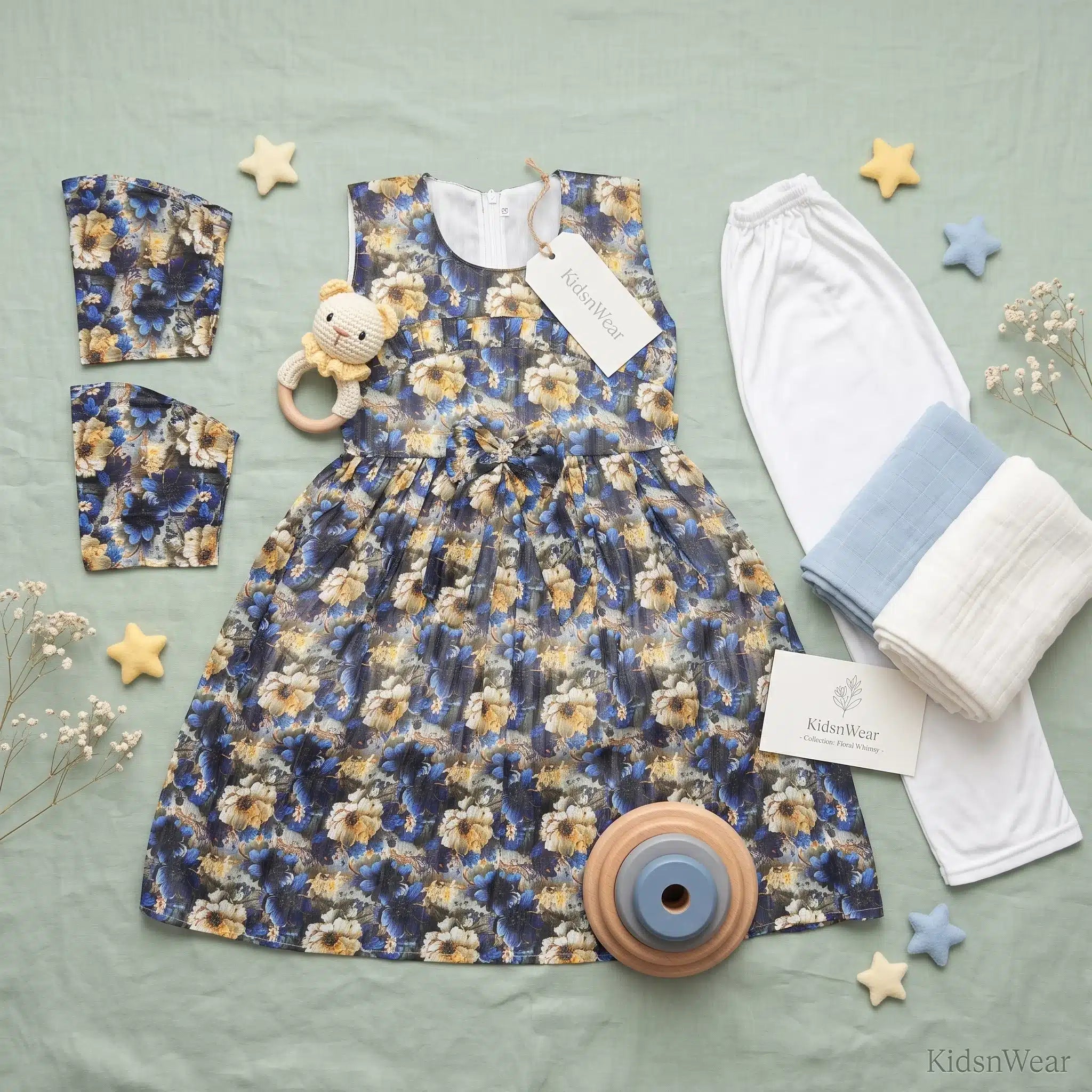 Girls' Autumn Floral Print Premium Sleeveless Frock and Trousers Co-Ord Set