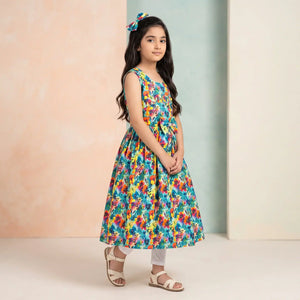 Girls' Autumn Floral Print Premium Sleeveless Frock and Trousers Co-Ord Set