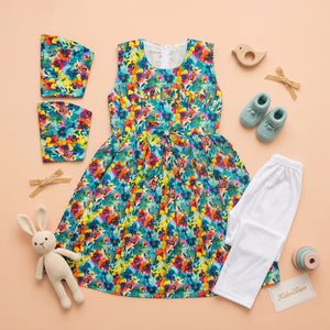 Girls' Autumn Floral Print Premium Sleeveless Frock and Trousers Co-Ord Set