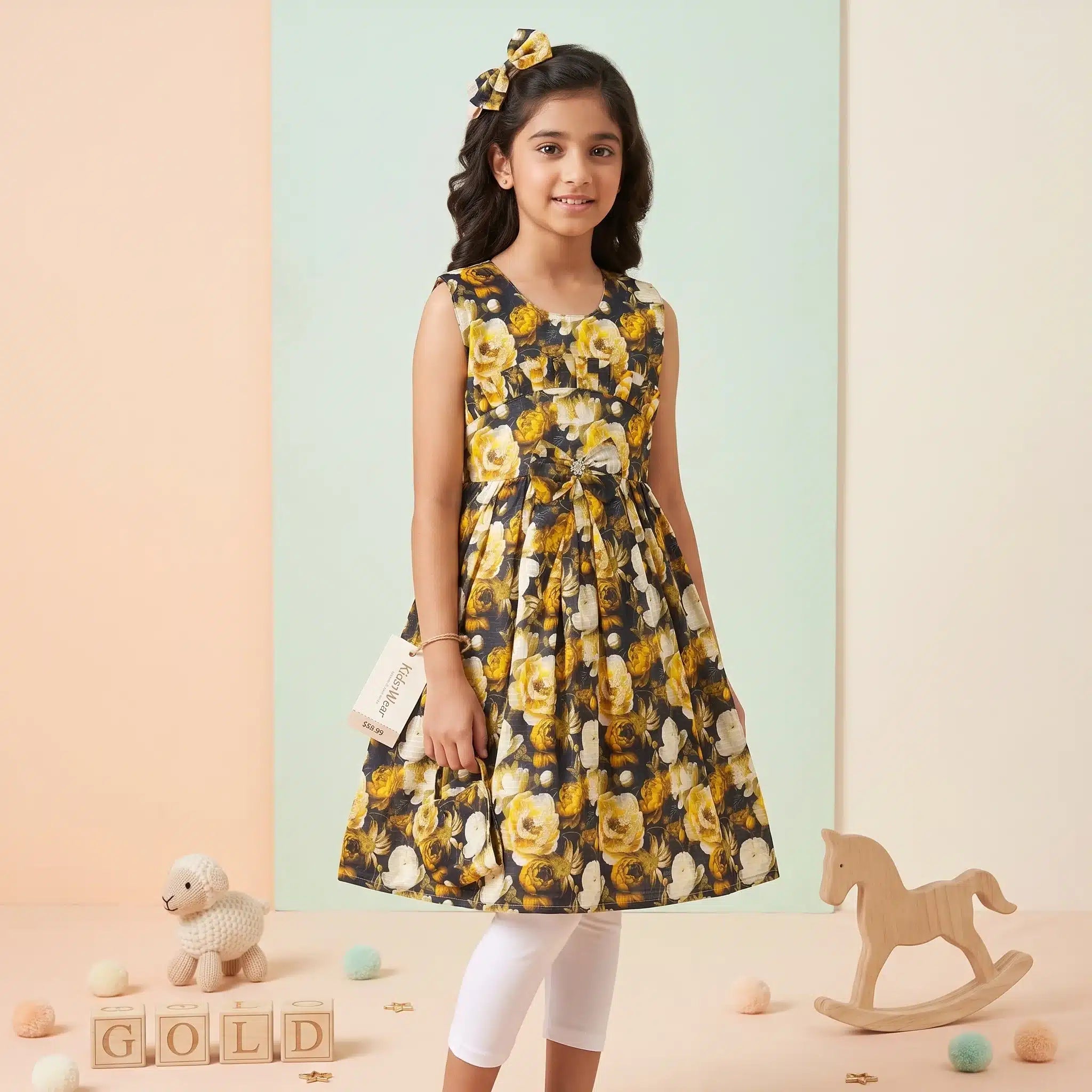 Girls' Autumn Floral Print Premium Sleeveless Frock and Trousers Co-Ord Set