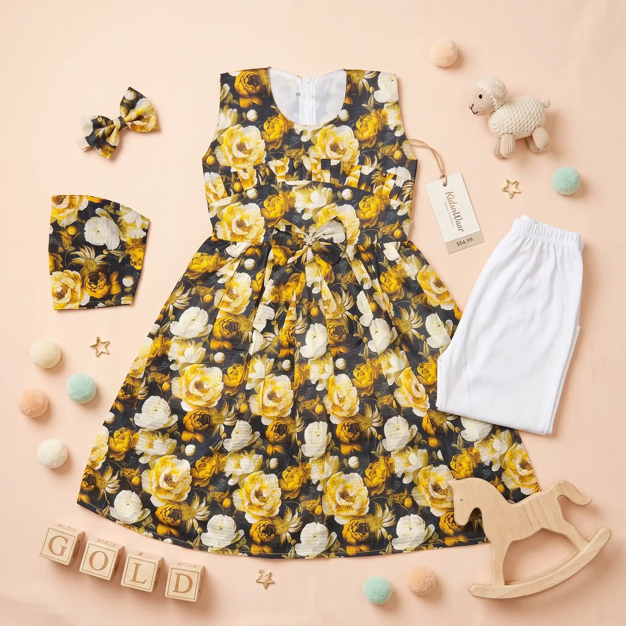 Girls' Autumn Floral Print Premium Sleeveless Frock and Trousers Co-Ord Set