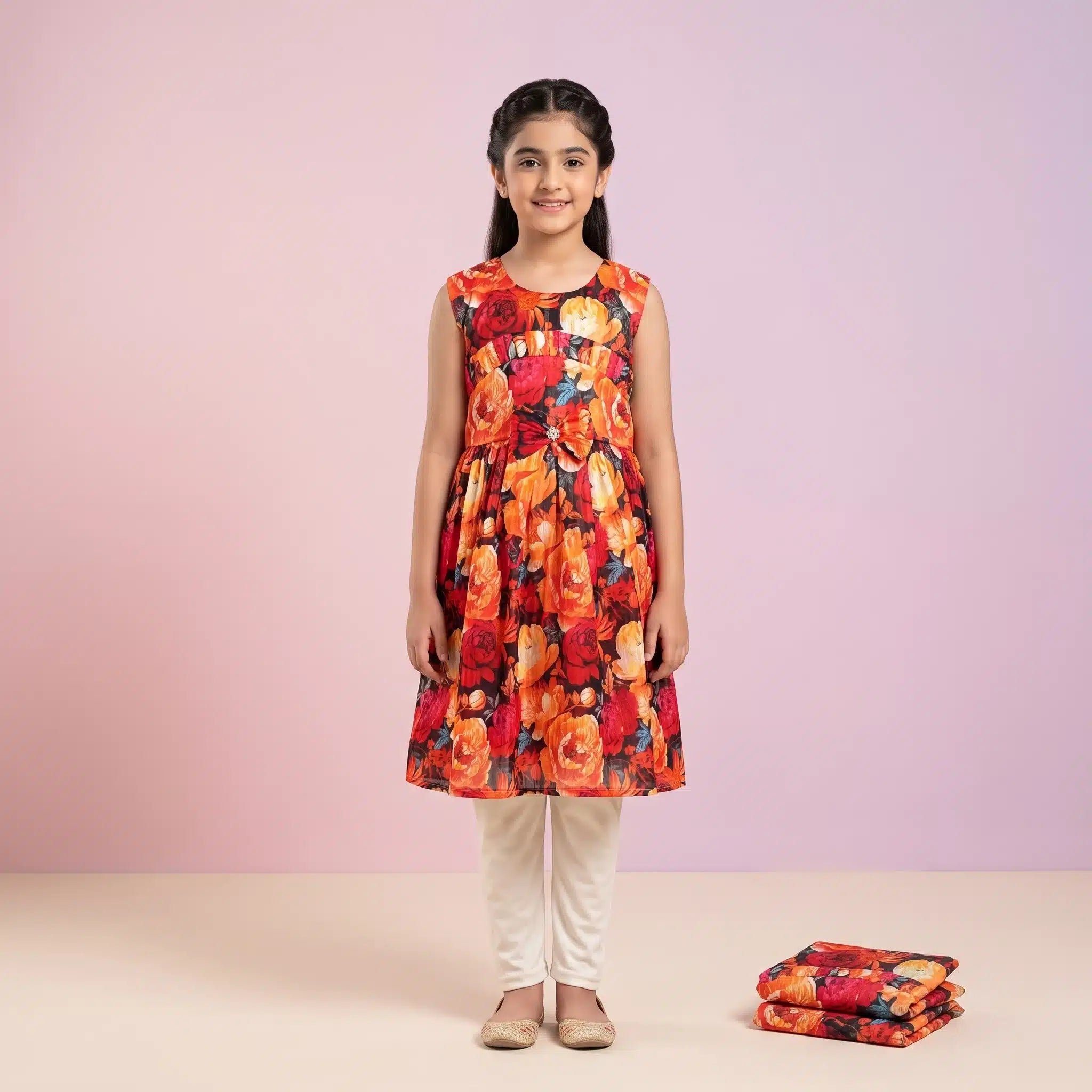Girls' Autumn Floral Print Premium Sleeveless Frock and Trousers Co-Ord Set