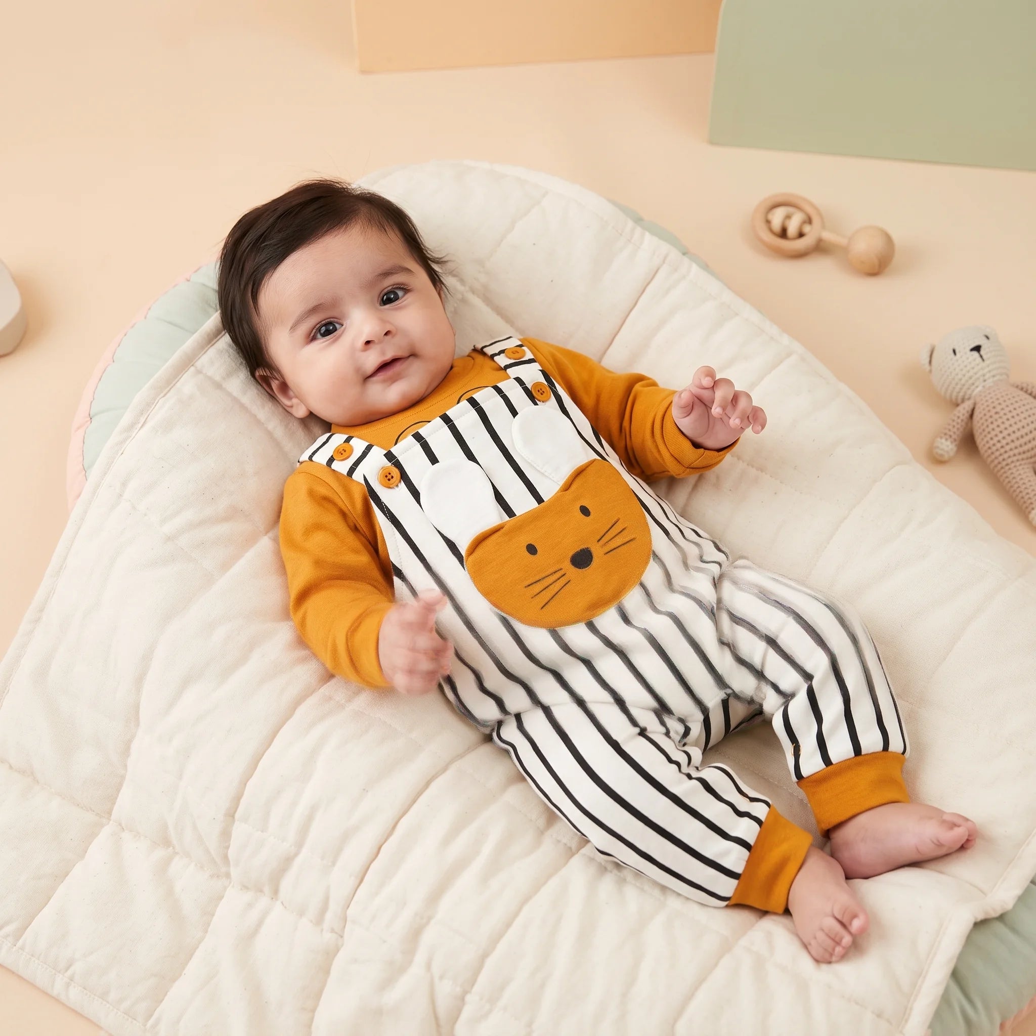 Kids N Wear Baby Rabbit Striped Dungaree Set