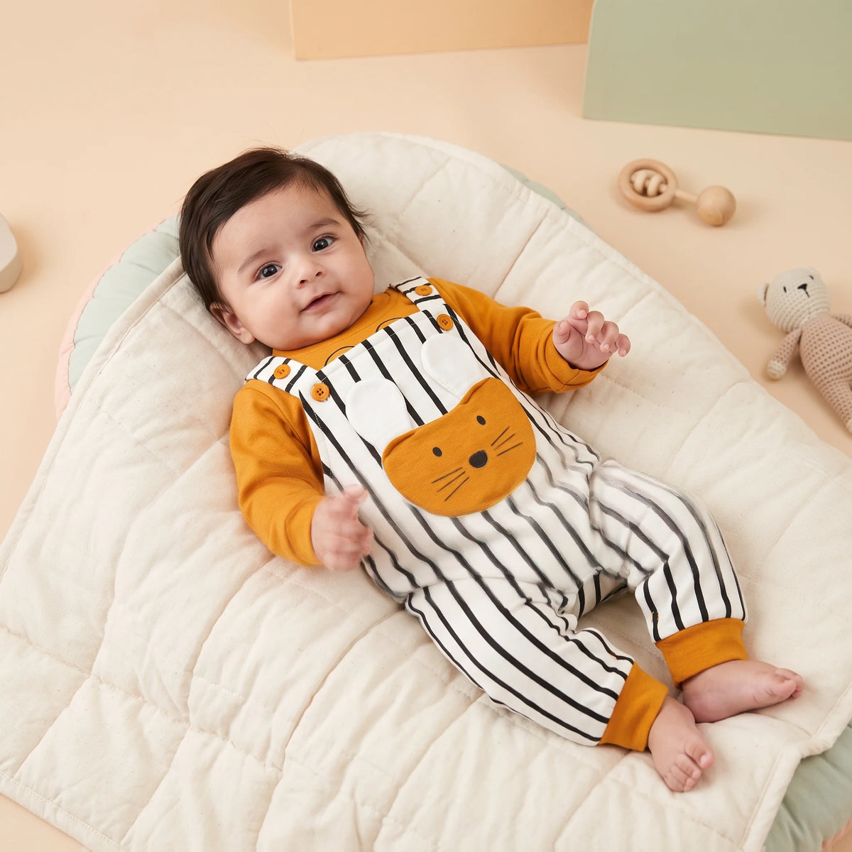 Kids N Wear Baby Rabbit Striped Dungaree Set