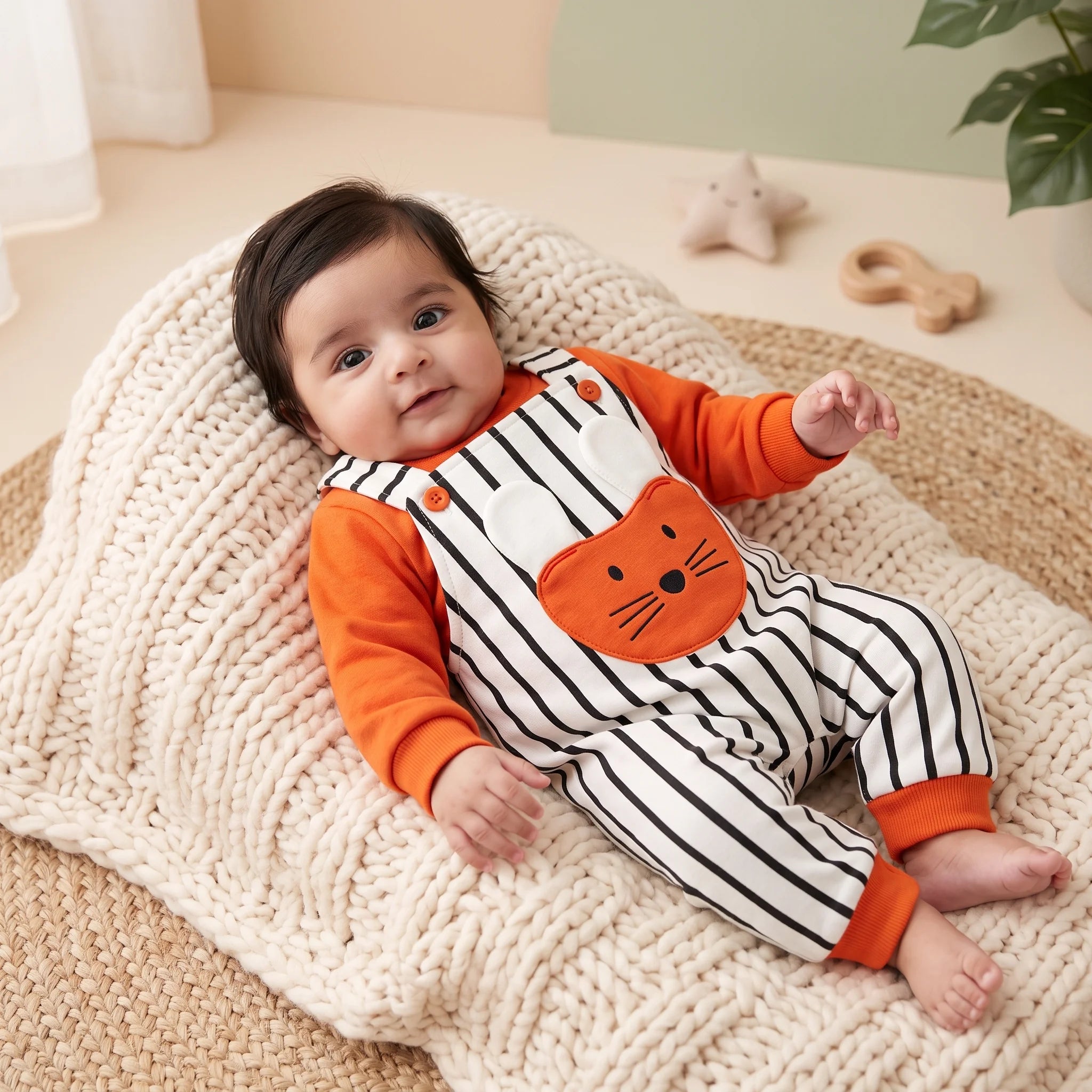 Kids N Wear Baby Rabbit Striped Dungaree Set