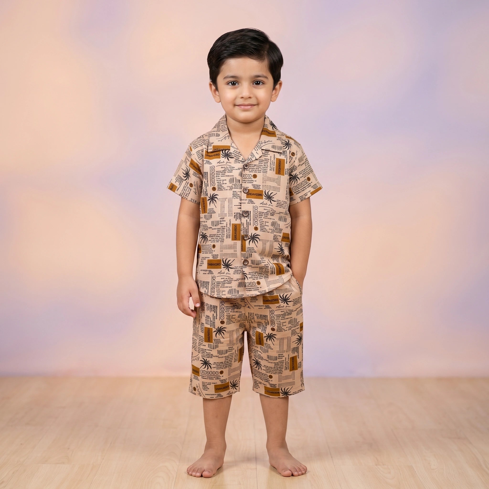 KidsnWear Premium Tropical Typography Boys' Button-Down Set
