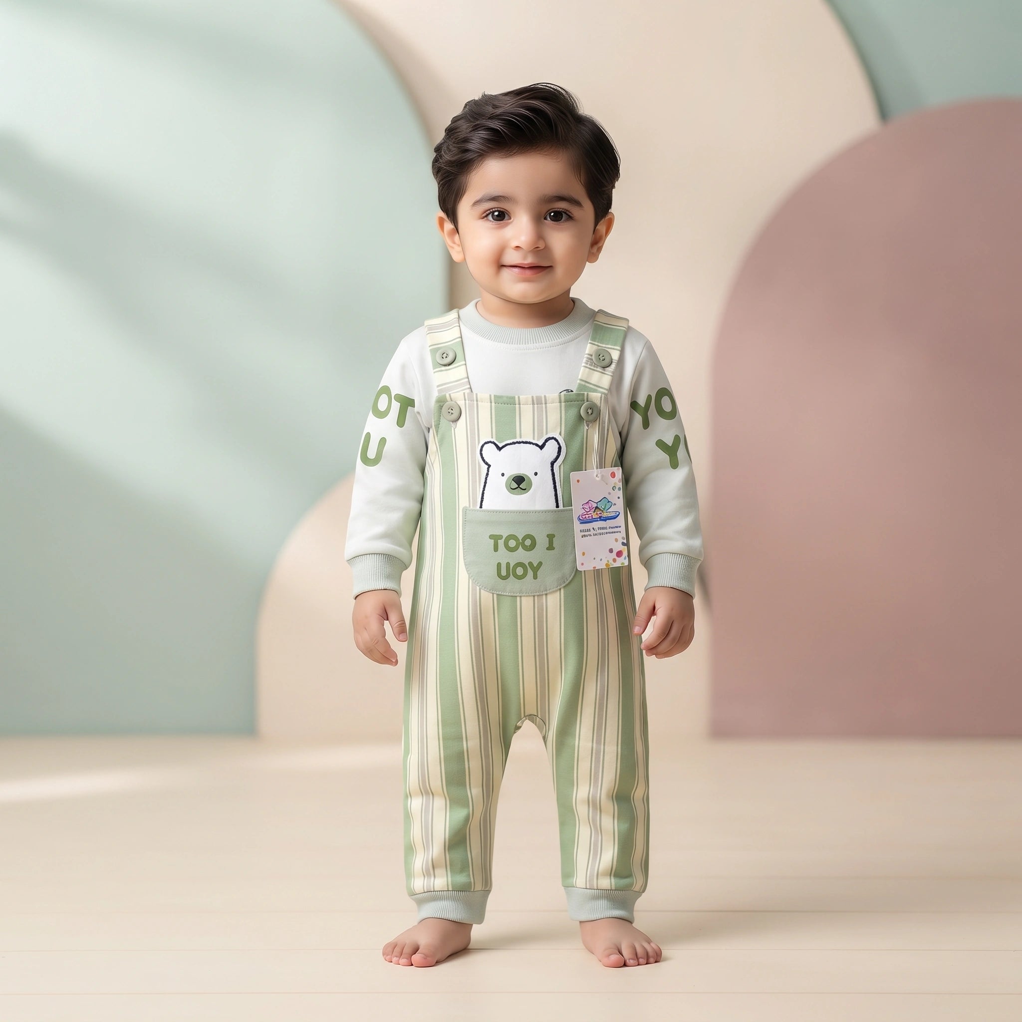 Bear Pocket Striped Baby Dungaree Set