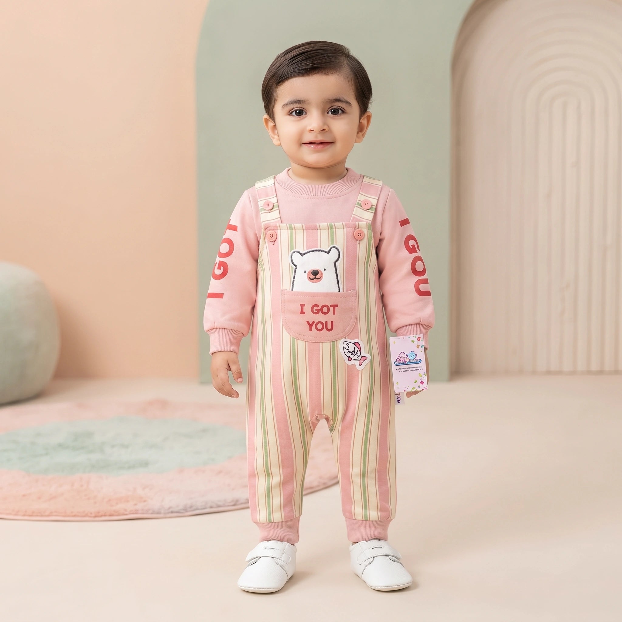Bear Pocket Striped Baby Dungaree Set