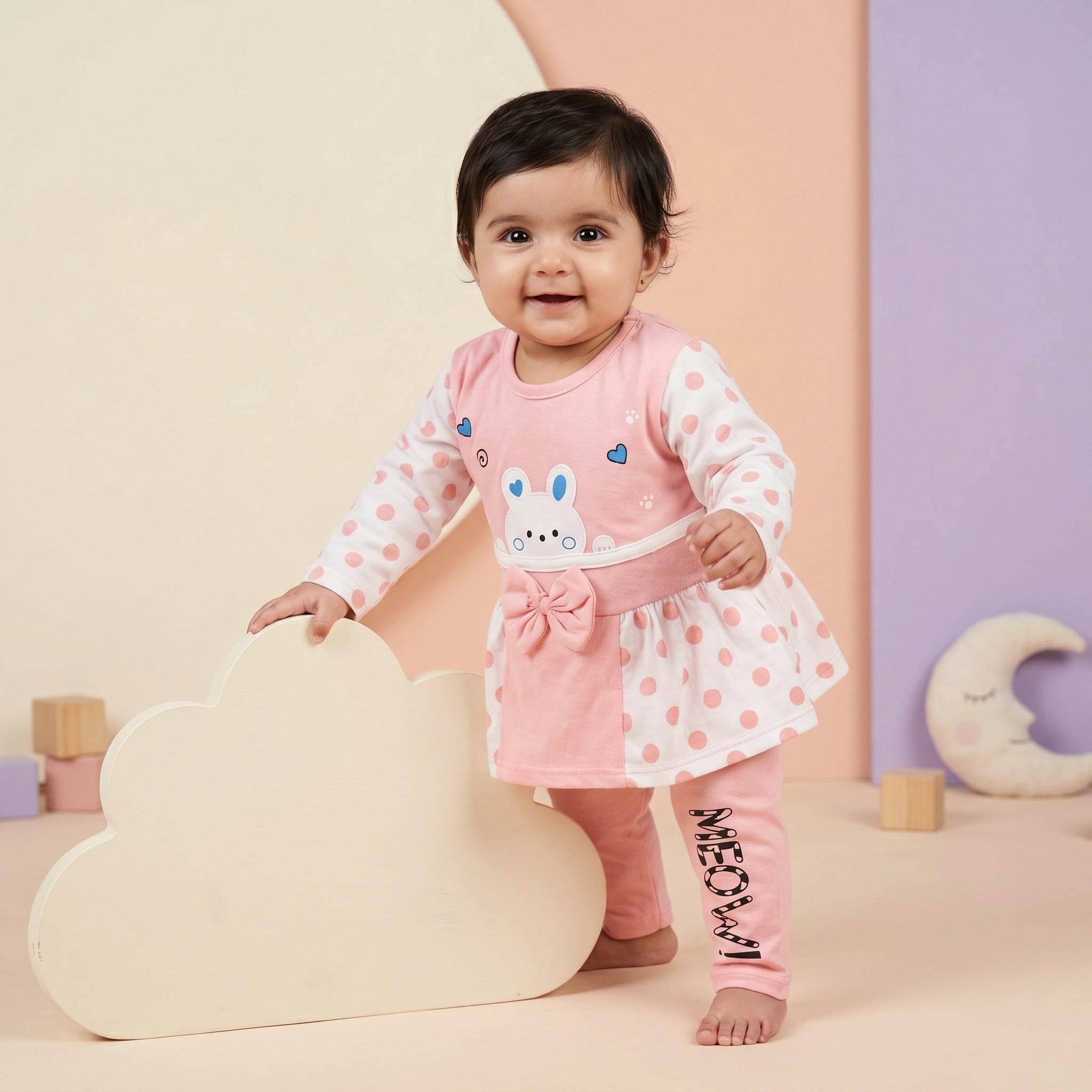 KidsnWear Meow Collection Baby Girl Frock & Pajama Set