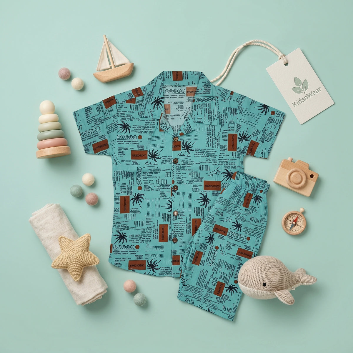 KidsnWear Premium Tropical Typography Boys' Button-Down Set
