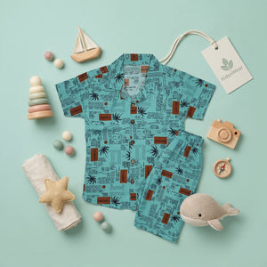KidsnWear Premium Tropical Typography Boys' Button-Down Set