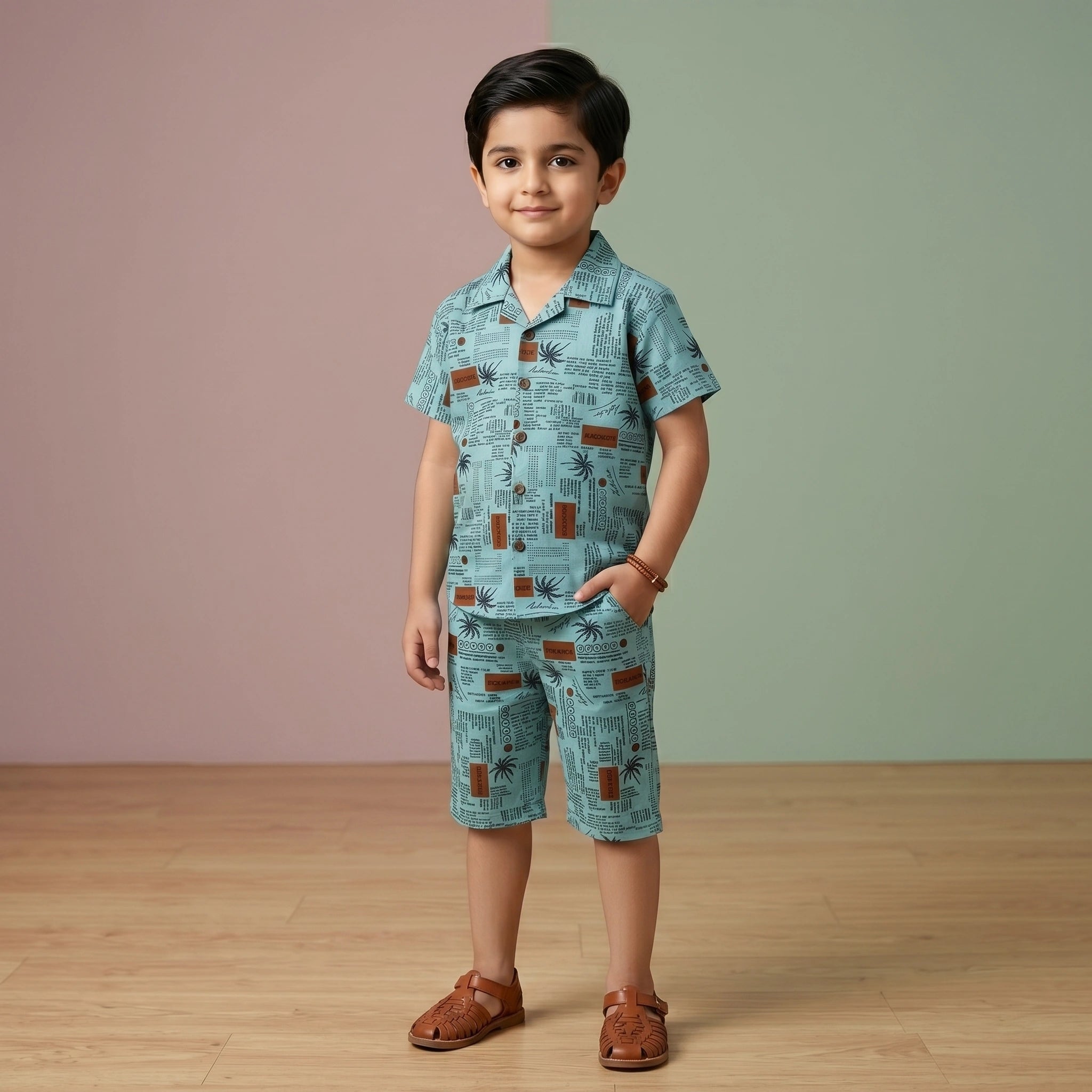 KidsnWear Premium Tropical Typography Boys' Button-Down Set