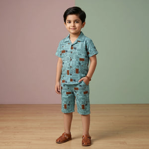 KidsnWear Premium Tropical Typography Boys' Button-Down Set