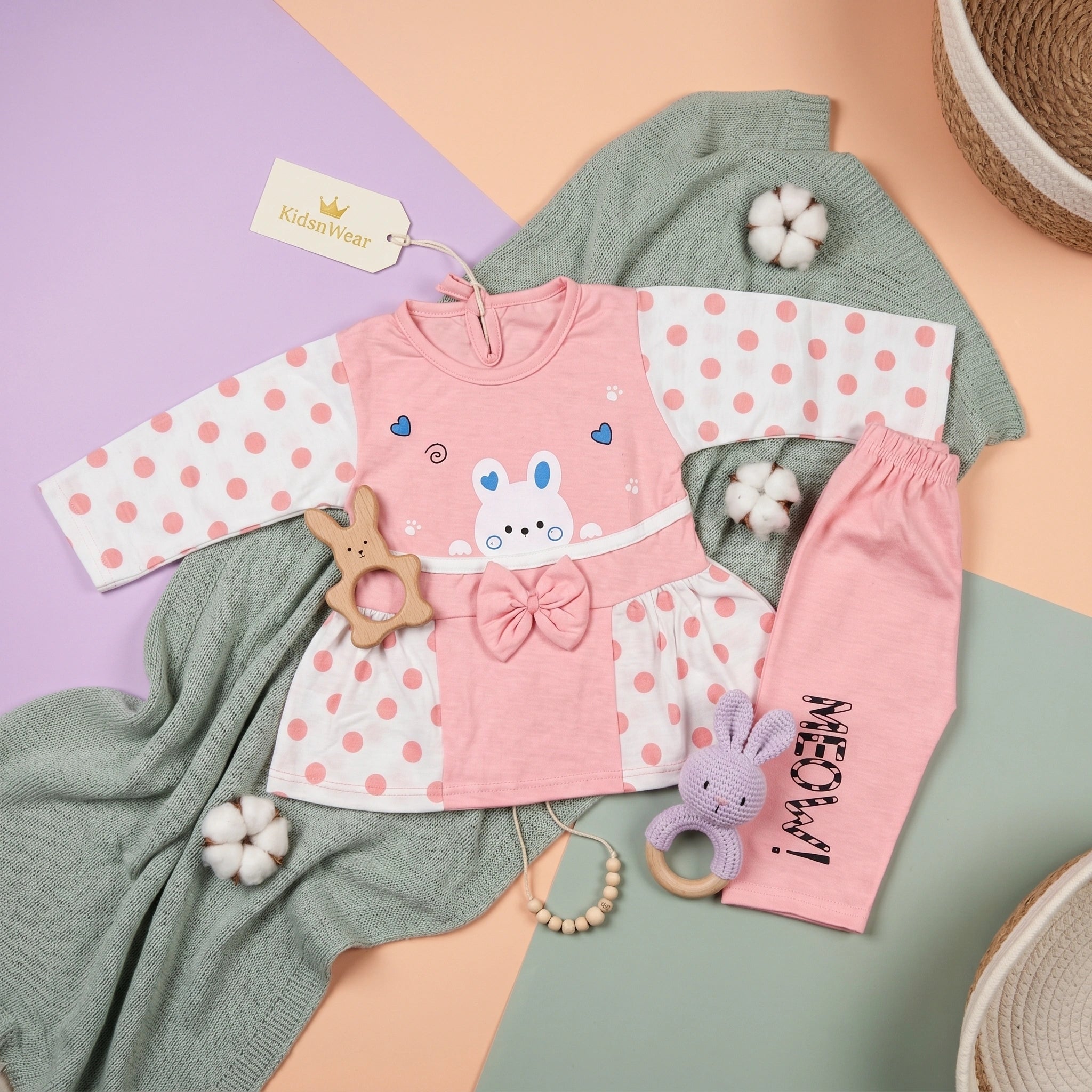 KidsnWear Meow Collection Baby Girl Frock & Pajama Set