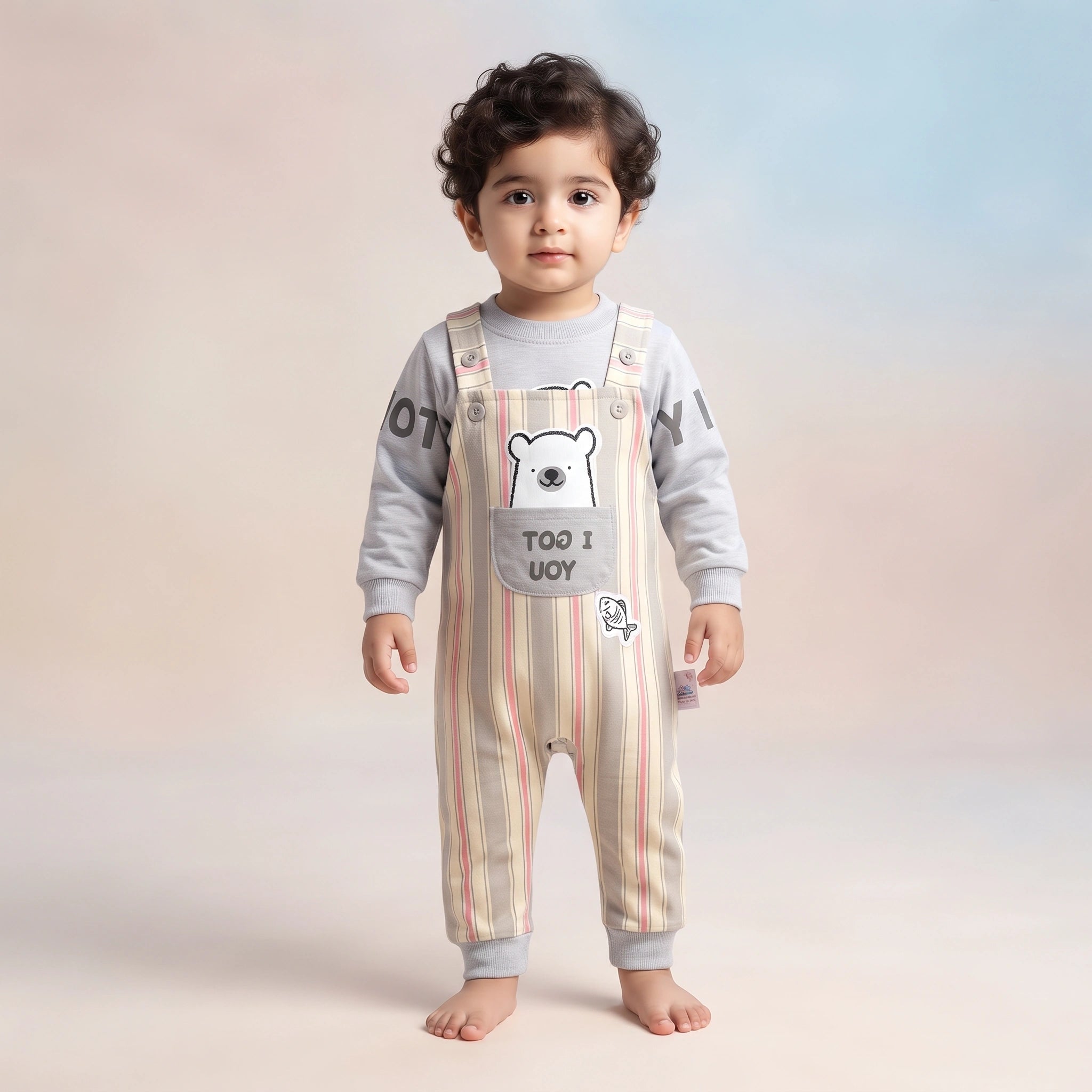 Bear Pocket Striped Baby Dungaree Set