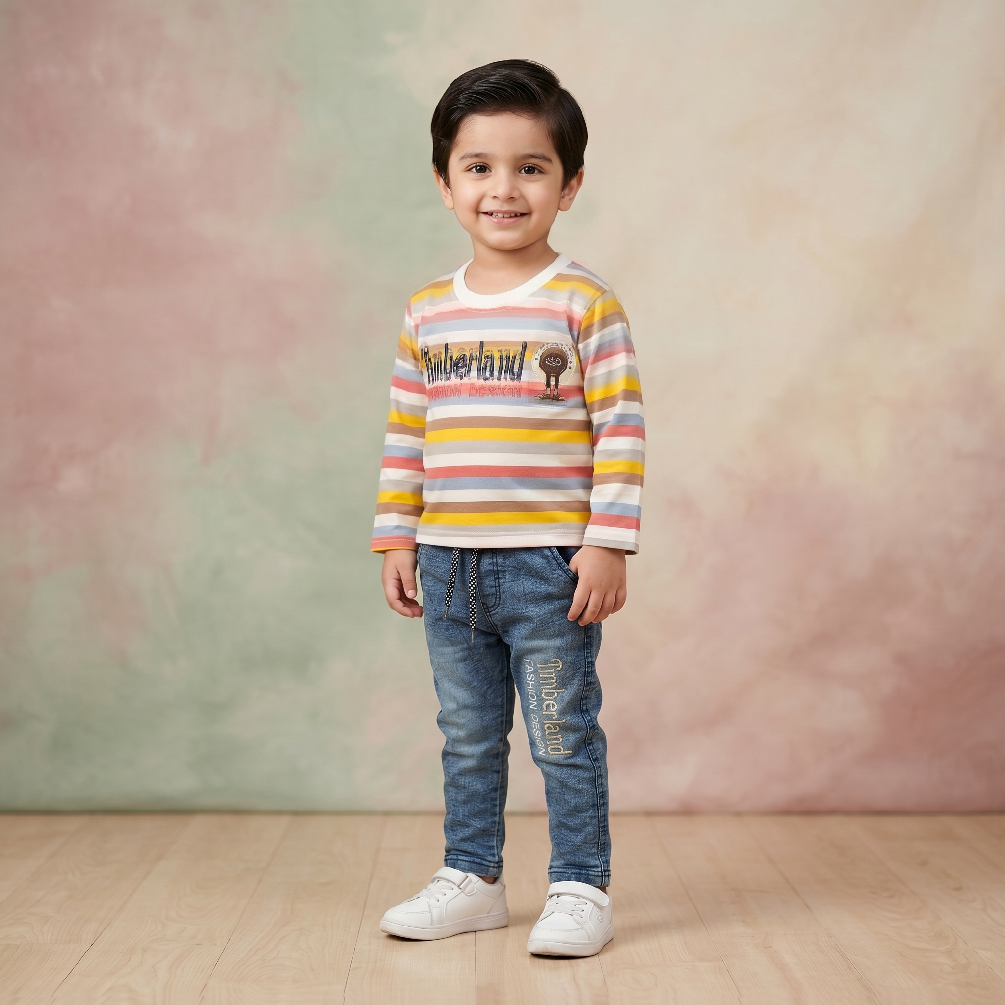 Premium-Kids-Cotton-Interlock-Striped-Shirt-with-Denim-Pants-Set-yellow