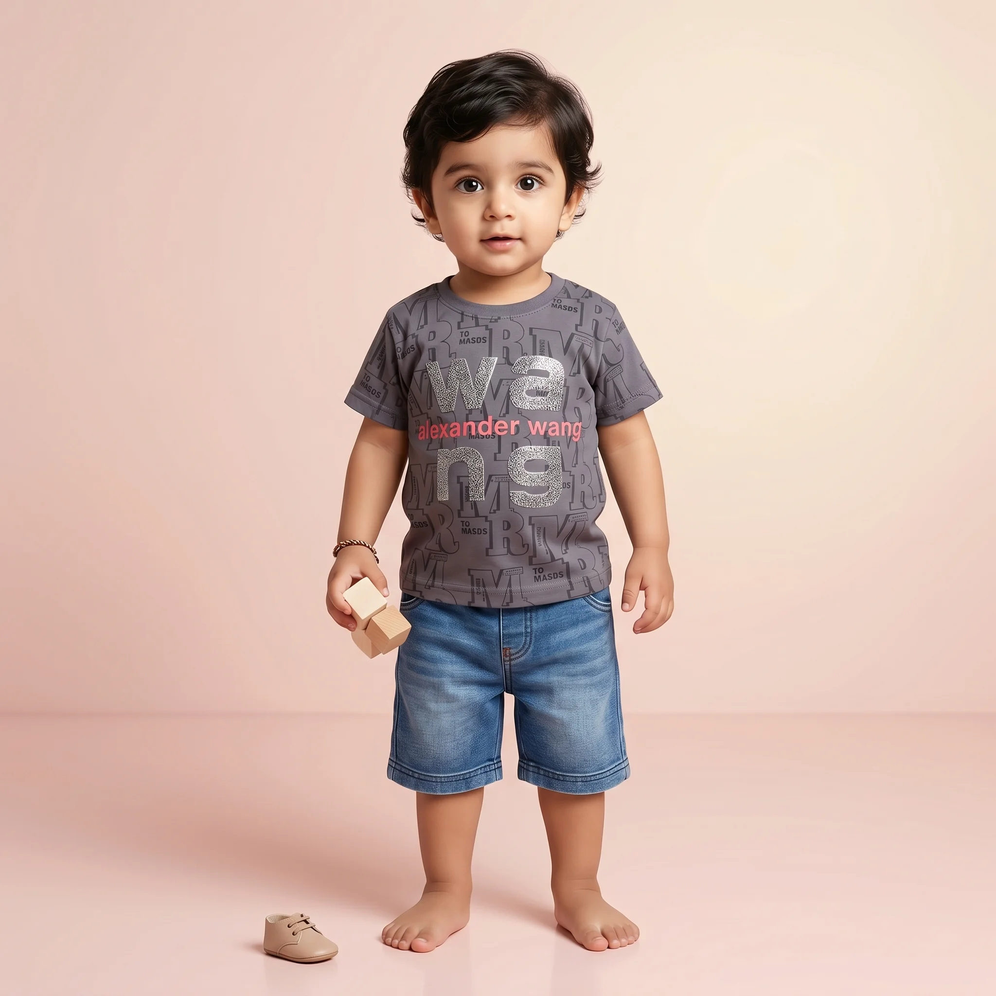 Boys' Alexander Wang Monogram Print Graphic Tee and Denim Shorts Set