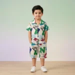 Boys' Graffiti Print Cuban Collar Shirt and Shorts Set - Coffee