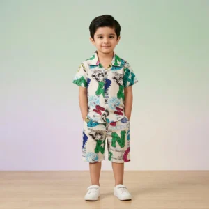 Boys' Graffiti Print Cuban Collar Shirt and Shorts Set