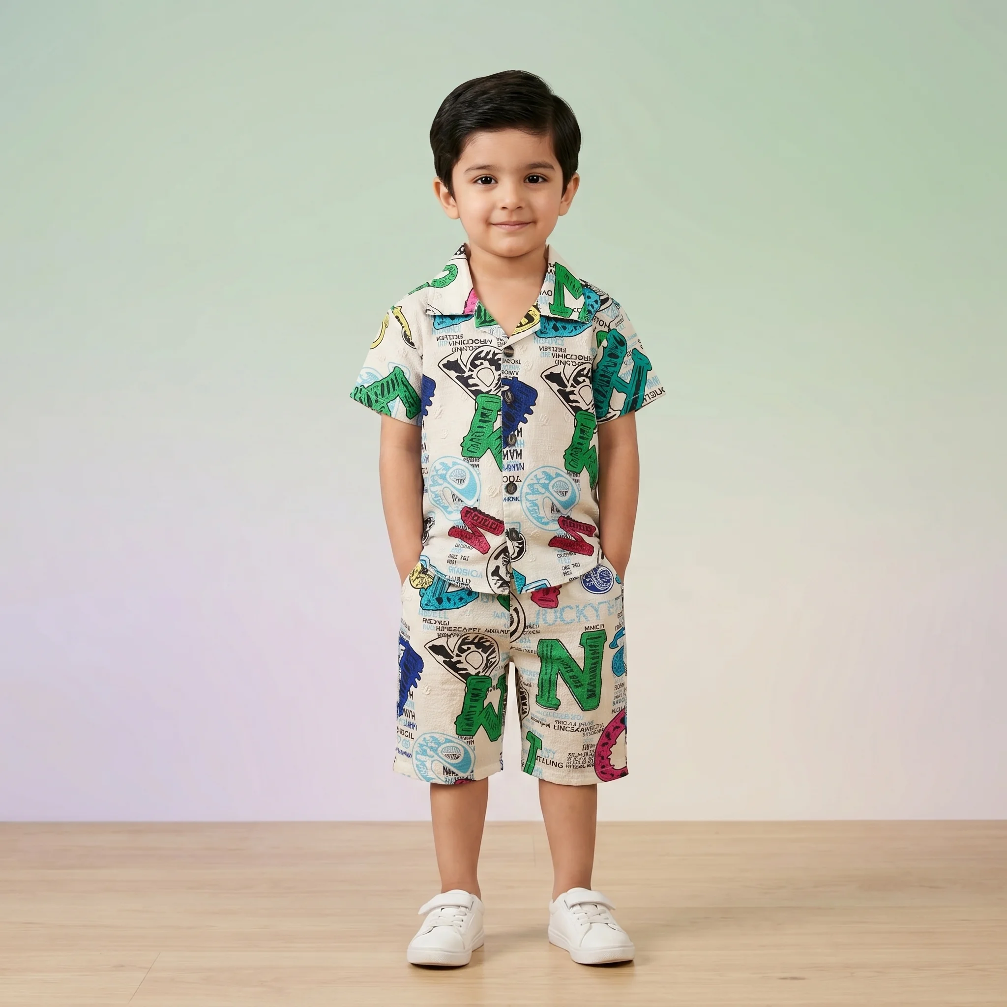 Boys' Graffiti Print Cuban Collar Shirt and Shorts Set