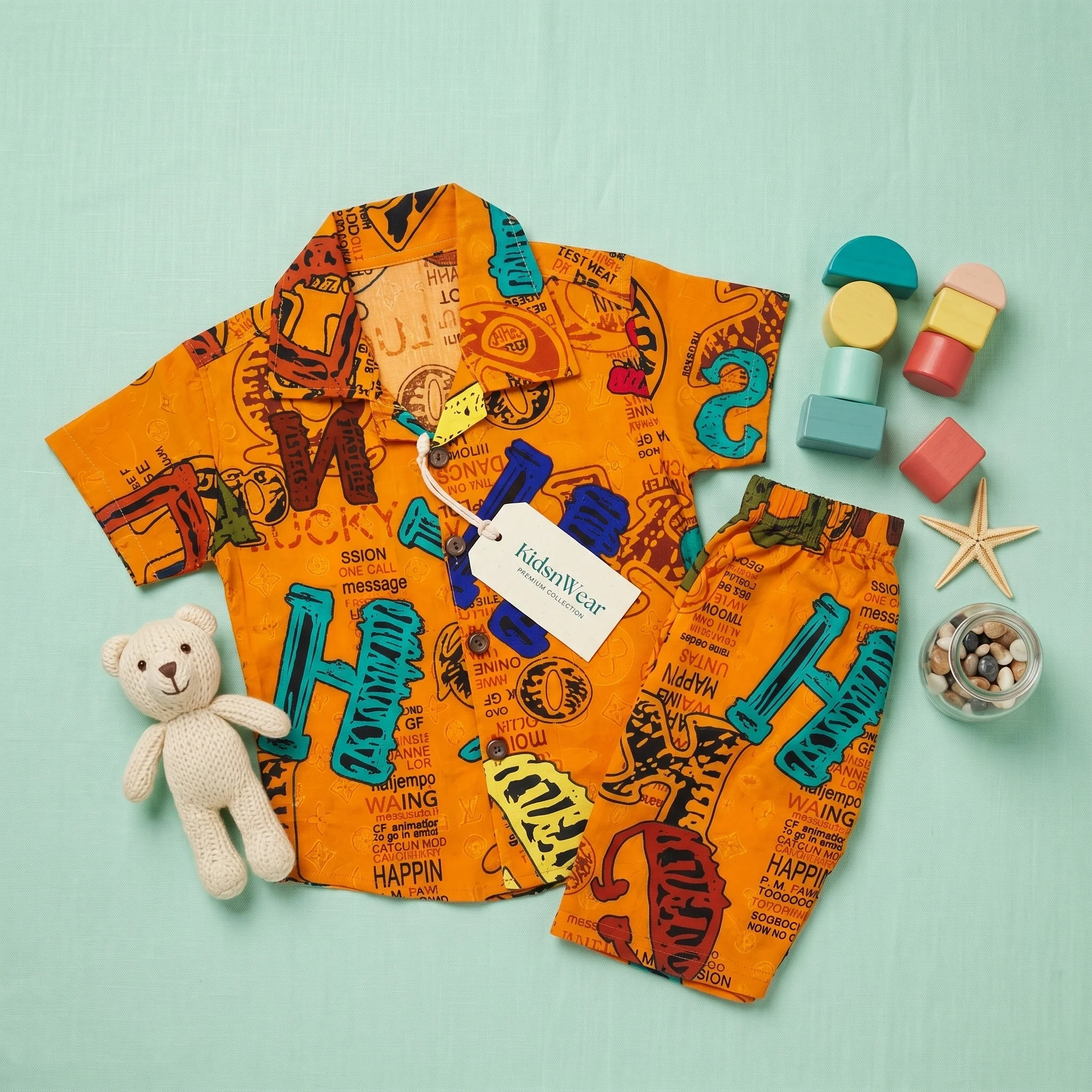 Boys' Mustard Graffiti Alphabet Print Cuban Collar Shirt and Shorts Set - Image 2