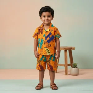 Boys' Mustard Graffiti Alphabet Print Cuban Collar Shirt and Shorts Set