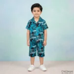 Boys' Abstract Geometric Print Premium Cuban Collar Shirt and Shorts Set - Teal Blue