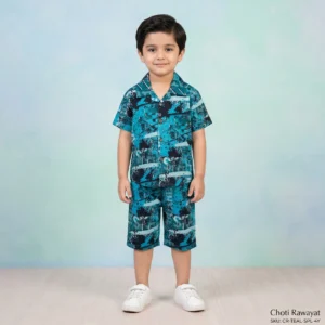 Boys' Abstract Geometric Print Premium Cuban Collar Shirt and Shorts Set