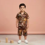Boys' Abstract Geometric Print Premium Shirt and Shorts Set - Brown