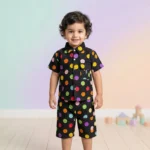 Boys' Vibrant Smiley Face Print Premium Cuban Collar Shirt and Shorts Set - Black