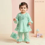 Girls Embroidered Peplum Tunic and Frill Trouser Set - Green