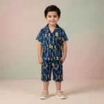 Boys' Math Genius Print Premium Cuban Collar Shirt and Shorts Set - Blue