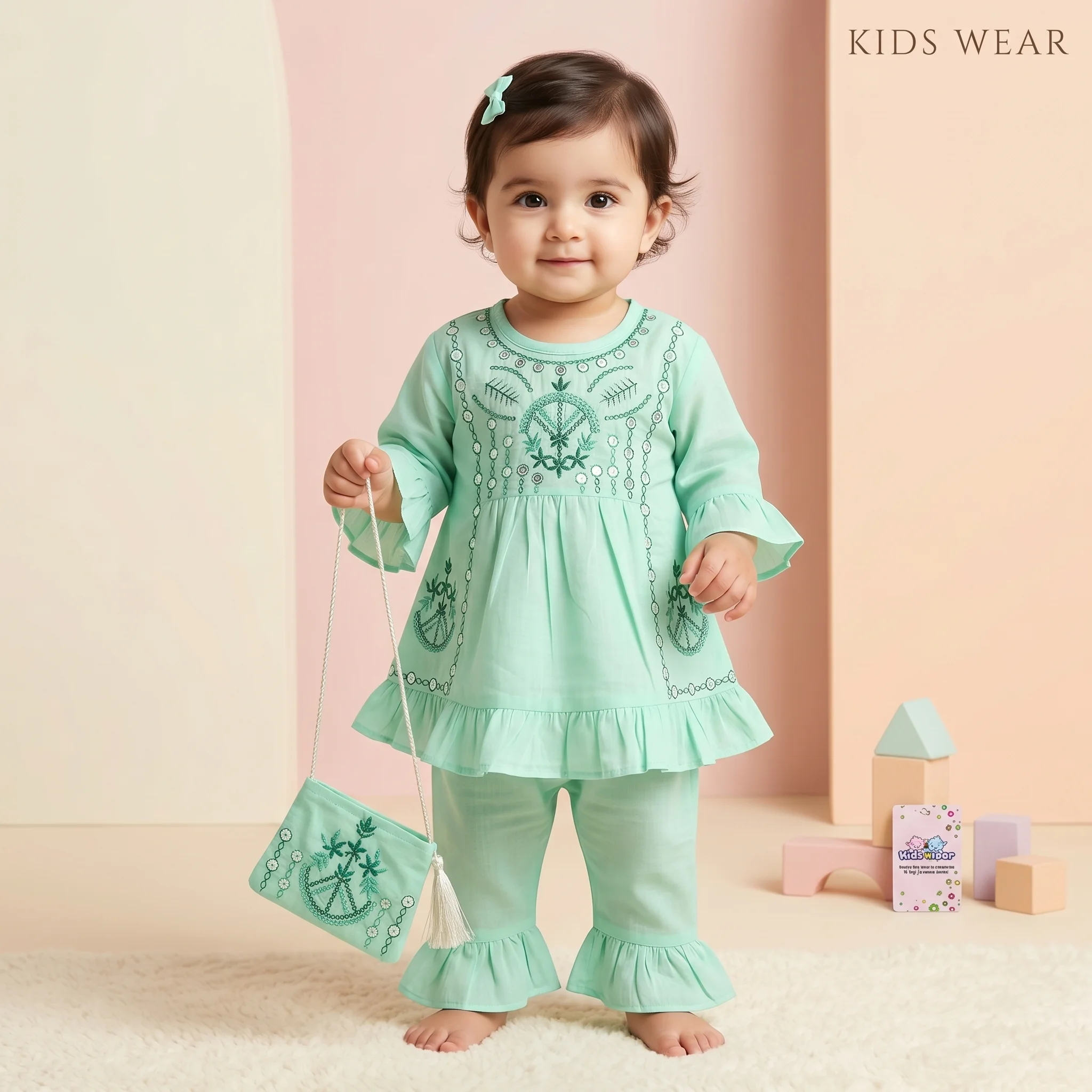 Girls Embroidered Peplum Tunic and Frill Trouser Set - Image 3