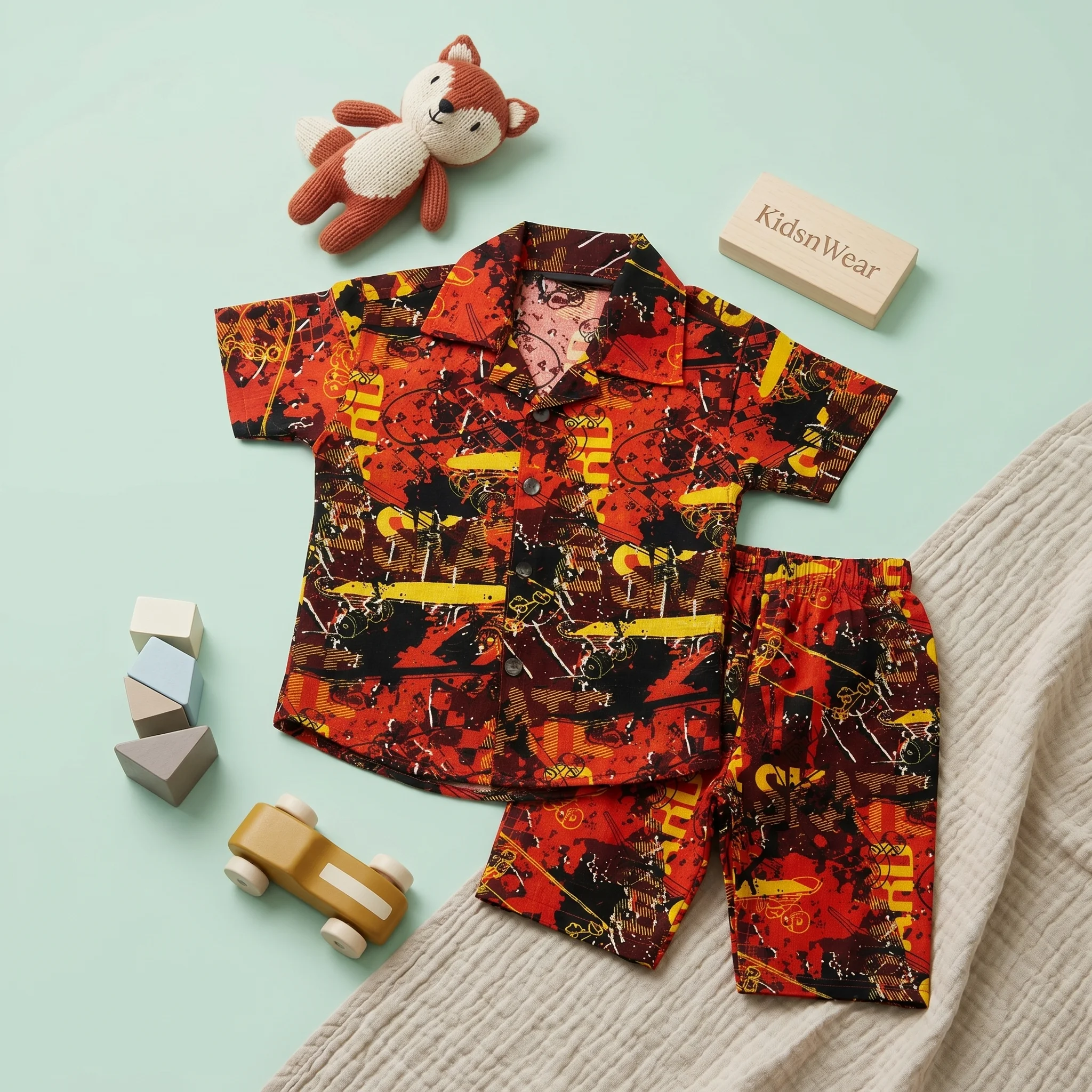 Boys' Rust Orange Graffiti Abstract Cuban Collar Shirt and Shorts Set - Image 2