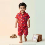 Boys' Vibrant Smiley Face Print Premium Cuban Collar Shirt and Shorts Set - Red