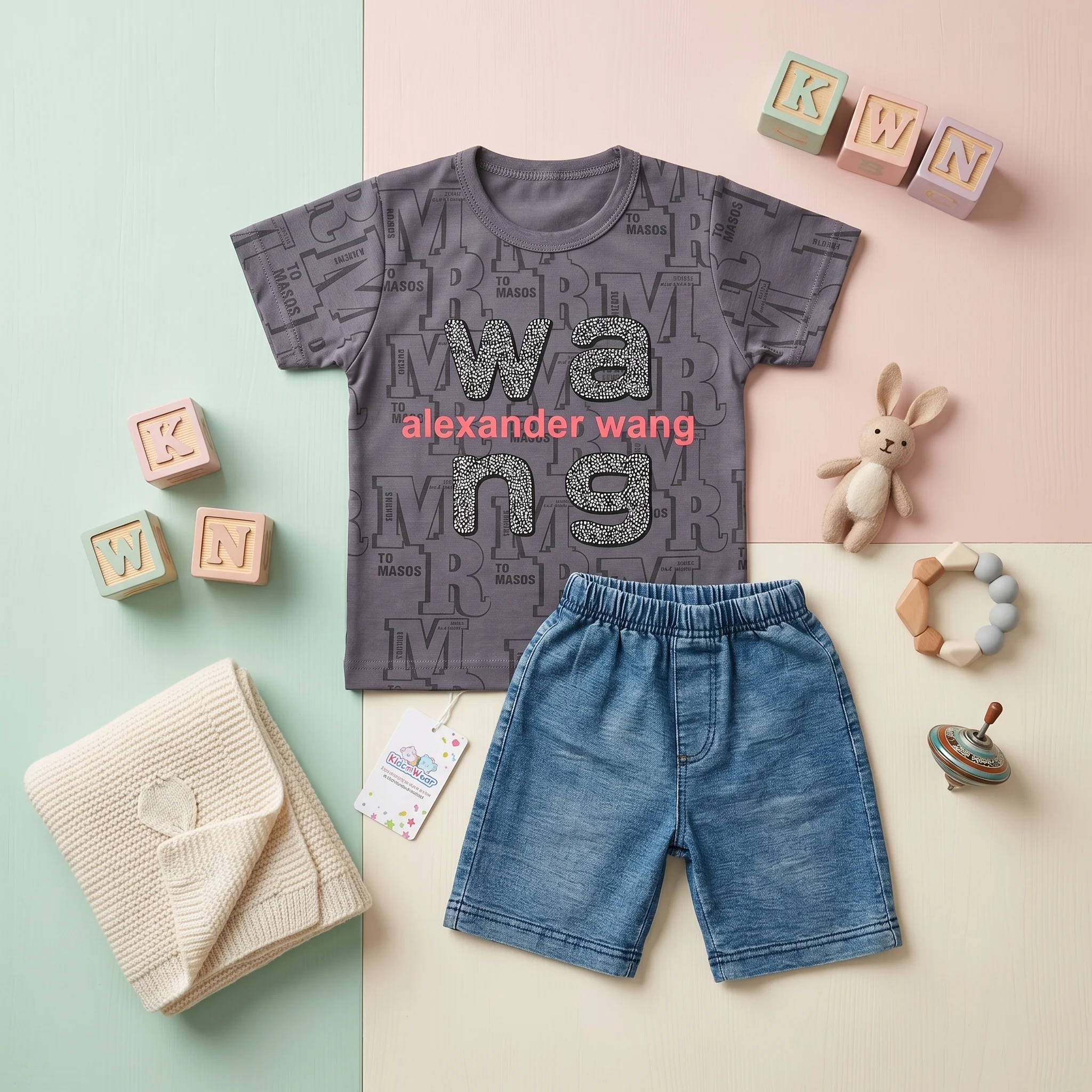 Boys' Alexander Wang Monogram Print Graphic Tee and Denim Shorts Set - Image 2