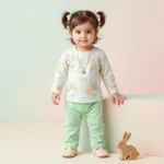 Girls' Bunny Print Long Sleeve Top and Trouser Set - Green