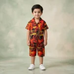 Boys' Rust Orange Graffiti Abstract Cuban Collar Shirt and Shorts Set - Red