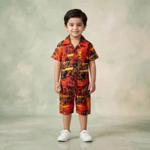 Boys' Rust Orange Graffiti Abstract Cuban Collar Shirt and Shorts Set